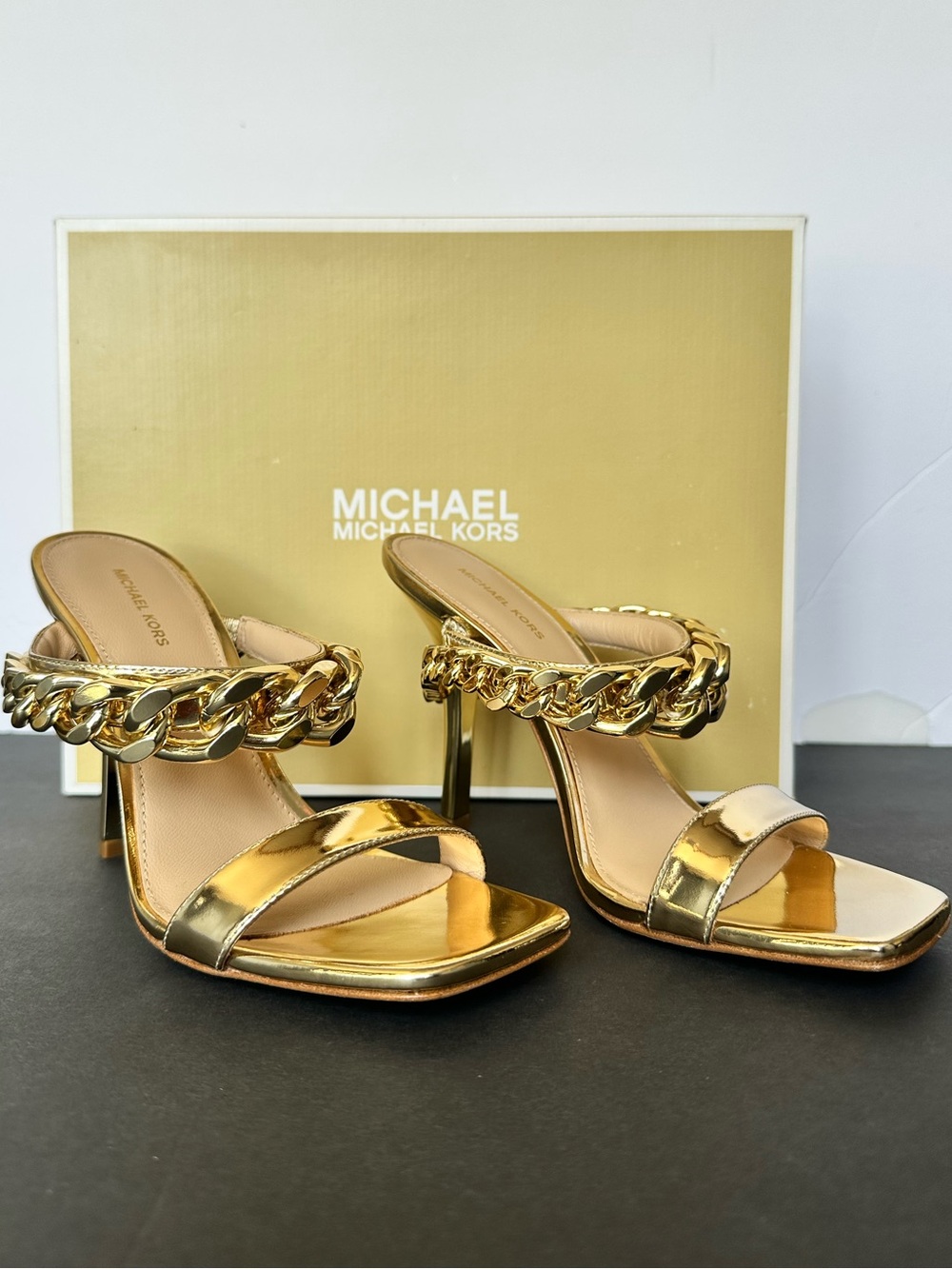 Michael Kors Metallic Gold Chain Strap High Heel Mules.  NEW WITH BOX - Picture 3 of 15